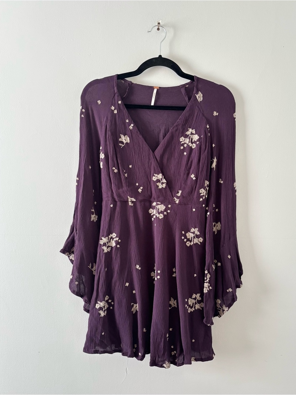 Free People Jasmine Embroidered Bell Sleeve Mini Dress V-Neck Floral Purple
